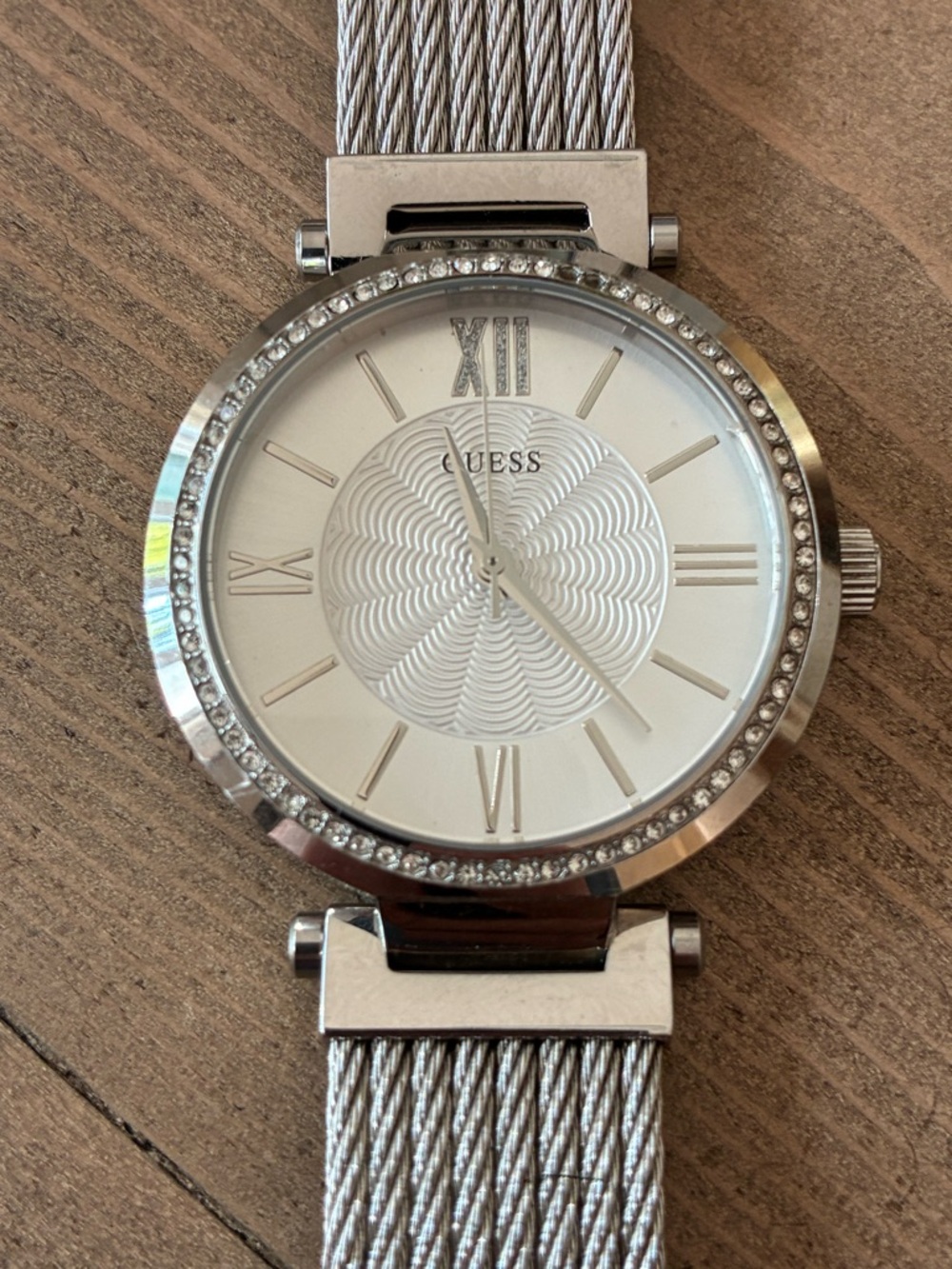 GUESS Silver Crystal-Accent Mesh Bracelet Watch